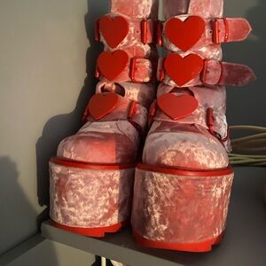 YRU Pink Velvet Platform Boots with Red Heart Accents